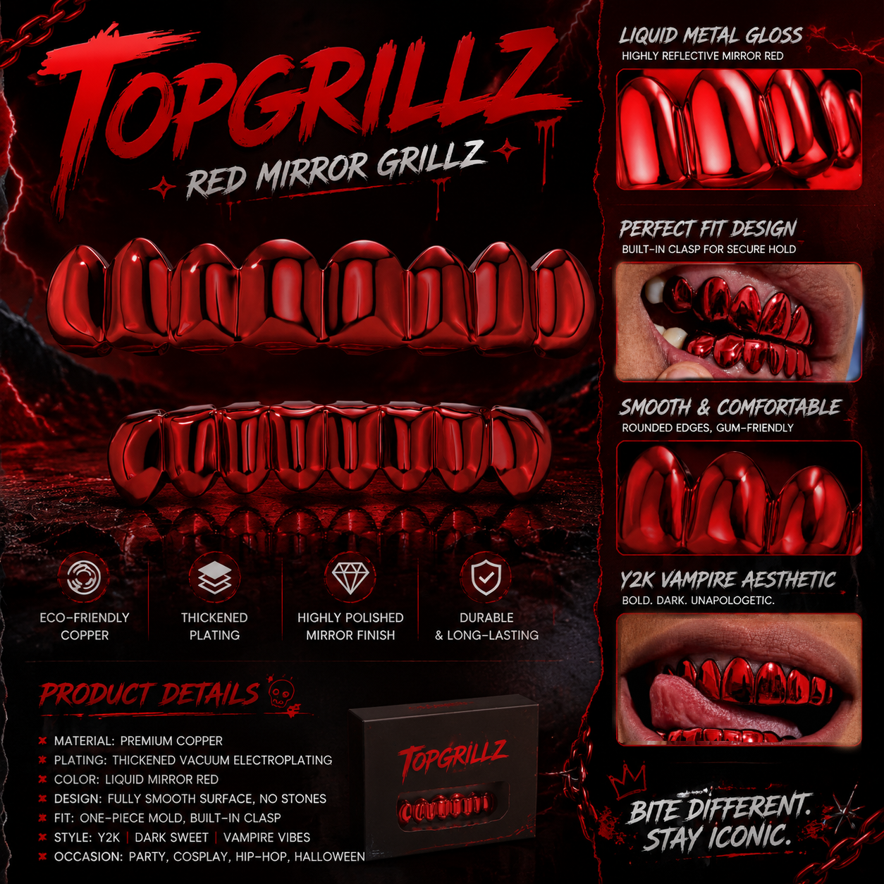 TOPGRILLZ Red Mirror Hip Hop G - Street Fashion Jewelry avaliação e preço