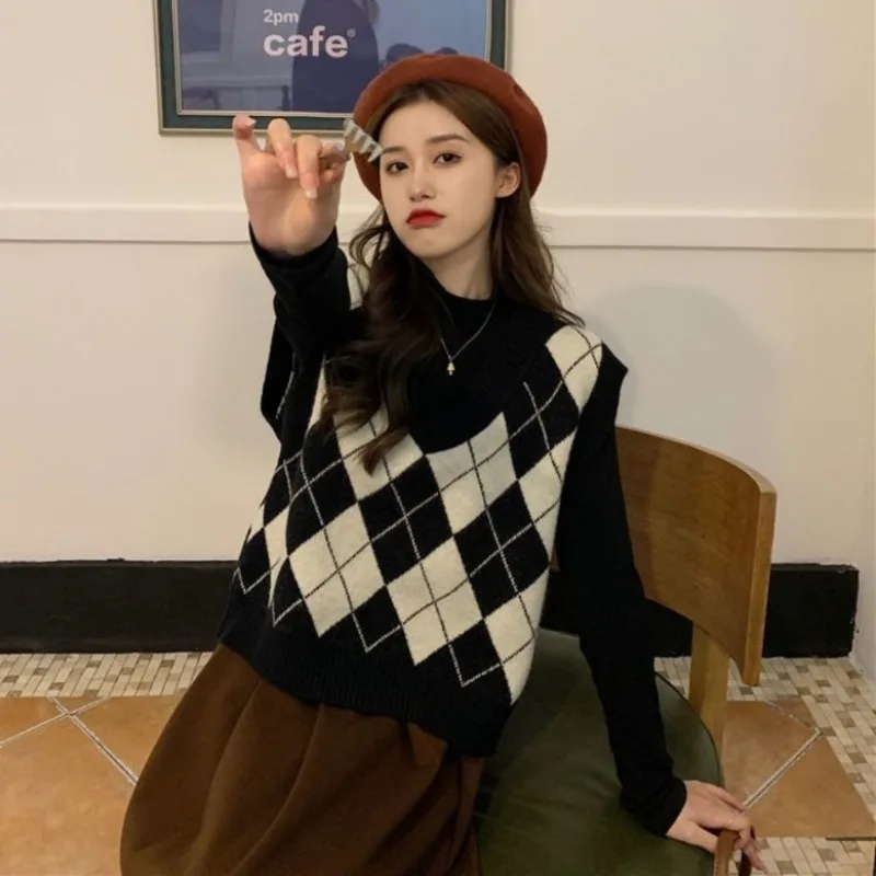 Sweater Vests Women Argyle Har - Street Fashion Of Japan avaliação e preço