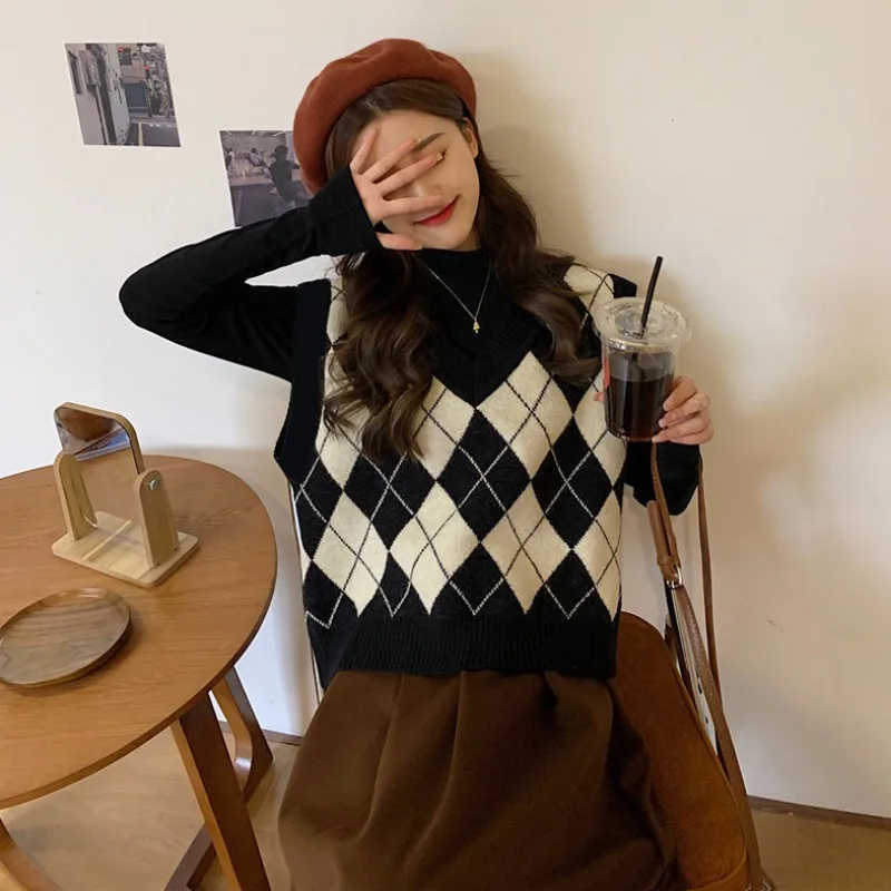 Sweater Vests Women Argyle Har - Street Fashion Of Japan avaliação e preço
